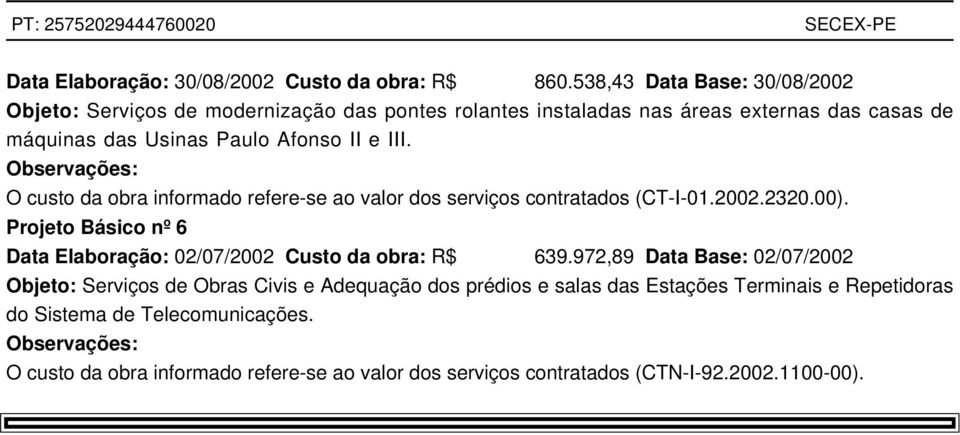 II e III. O custo da obra informado refere-se ao valor dos serviços contratados (CT-I-01.2002.2320.00).