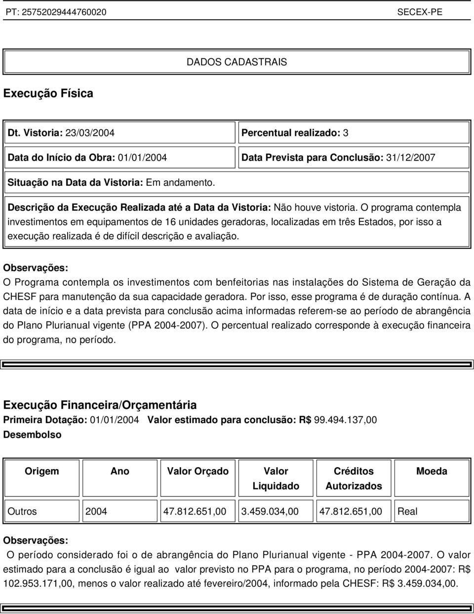 Descrição da Execução Realizada até a Data da Vistoria: Não houve vistoria.