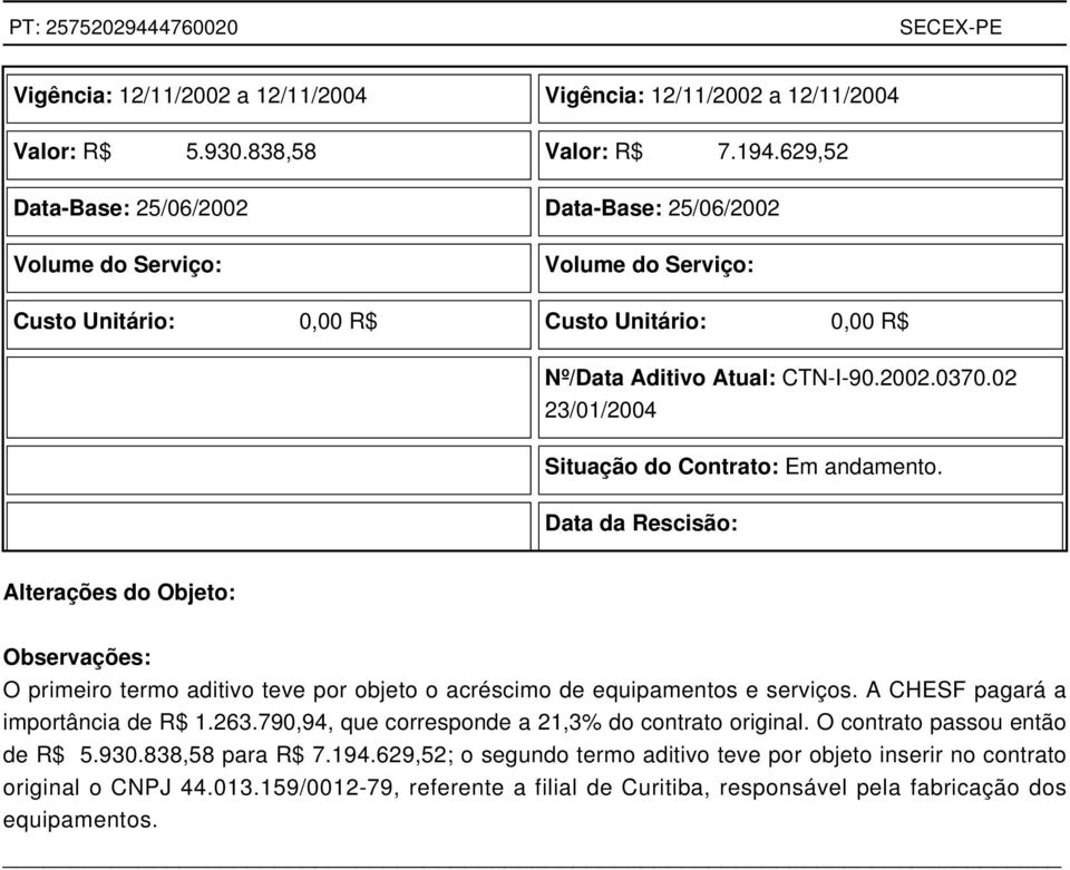 02 23/01/2004 Situação do Contrato: Em andamento. Data da Rescisão: Alterações do Objeto: O primeiro termo aditivo teve por objeto o acréscimo de equipamentos e serviços.