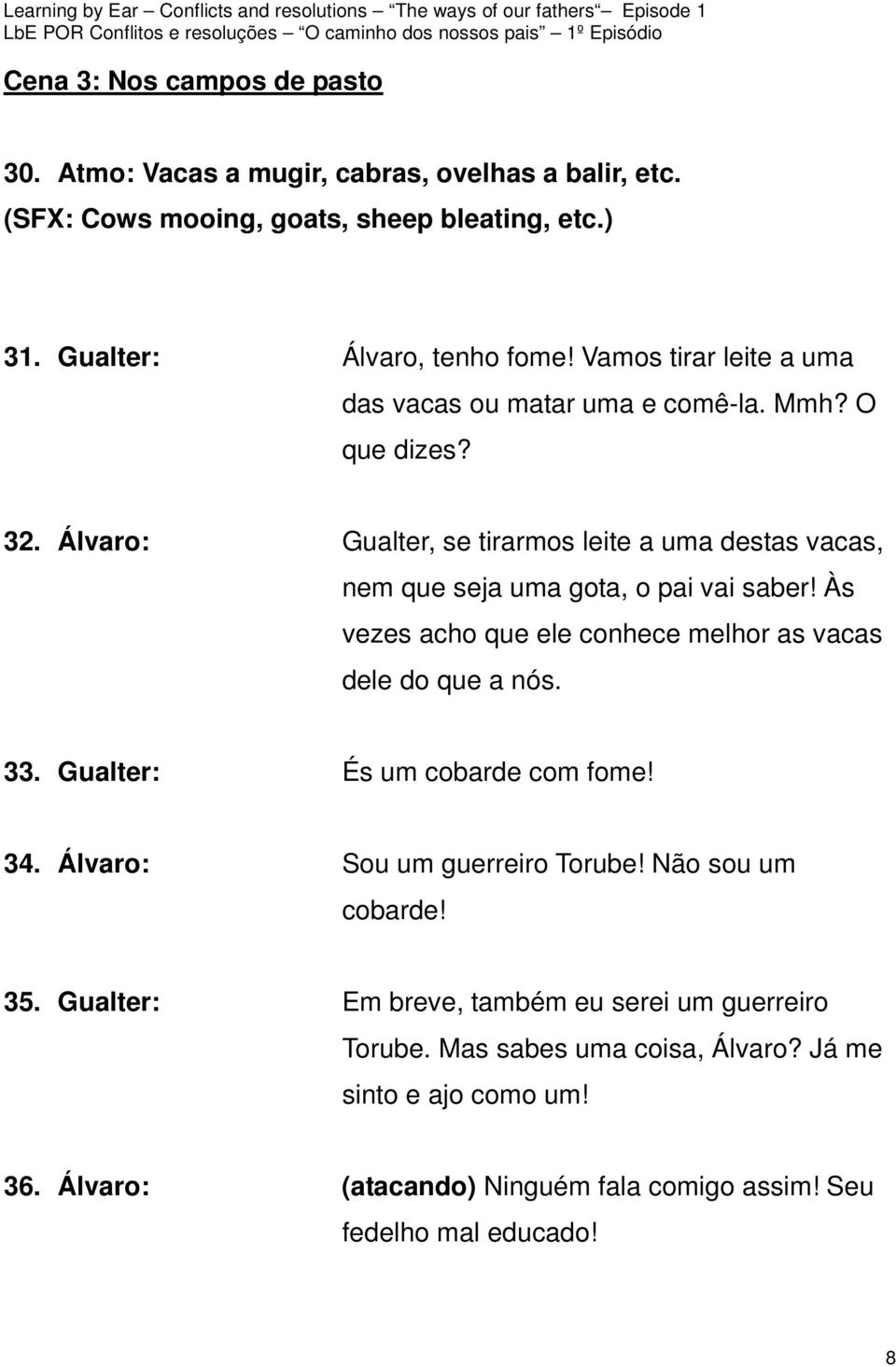 Álvaro: Gualter, se tirarmos leite a uma destas vacas, nem que seja uma gota, o pai vai saber! Às vezes acho que ele conhece melhor as vacas dele do que a nós. 33.