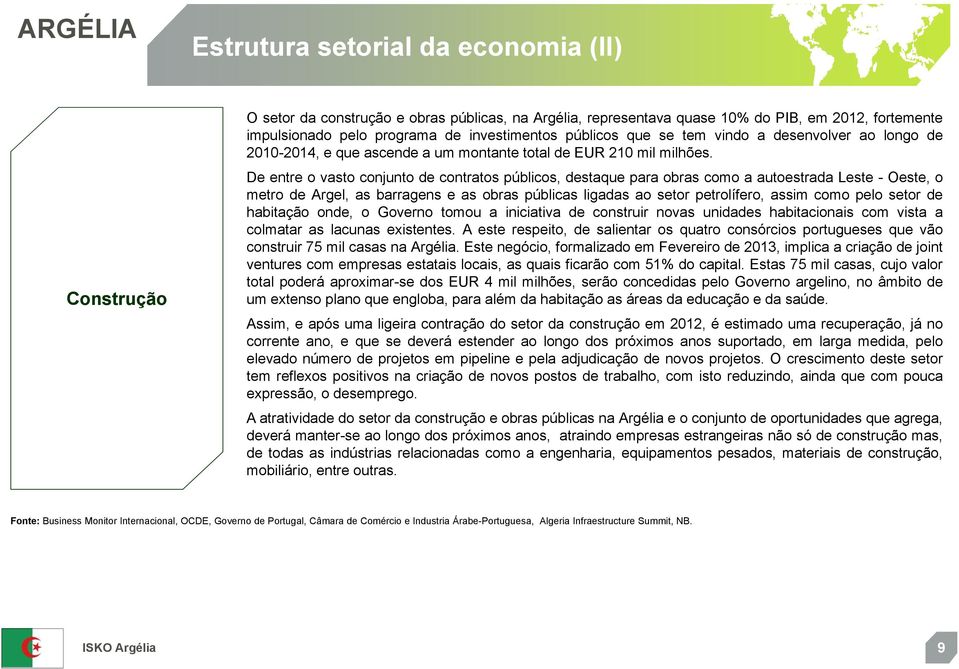 Deentreovastoconjuntodecontratos públicos, destaque para obras como a autoestrada Leste - Oeste, o metro de Argel, as barragens e as obras públicas ligadas ao setor petrolífero, assim como pelo setor