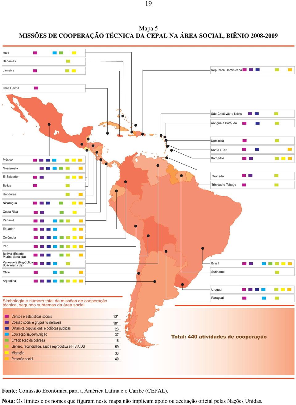 da) Brasil Chile Suriname Argentina Uruguai Paraguai Simbologia e número total de missões de cooperação técnica, segundo subtemas da área social Censos e estatísticas sociais Coesão social e grupos