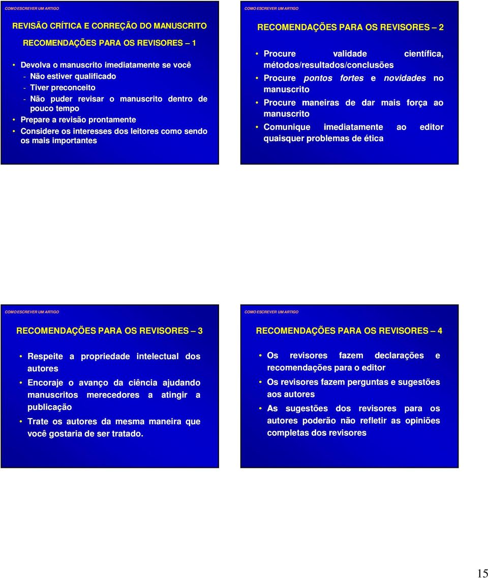 métodos/resultados/conclusões Procure pontos manuscrito científica, fortes e novidades no Procure maneiras de dar mais força ao manuscrito Comunique imediatamente quaisquer problemas de ética ao