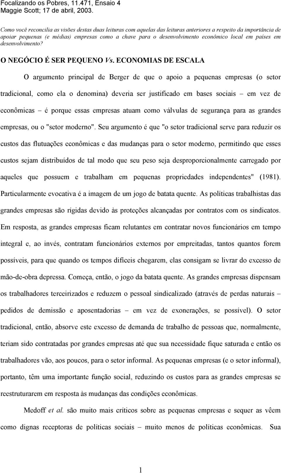 local em países em desenvolvimento? O NEGÓCIO É SER PEQUENO Vs.