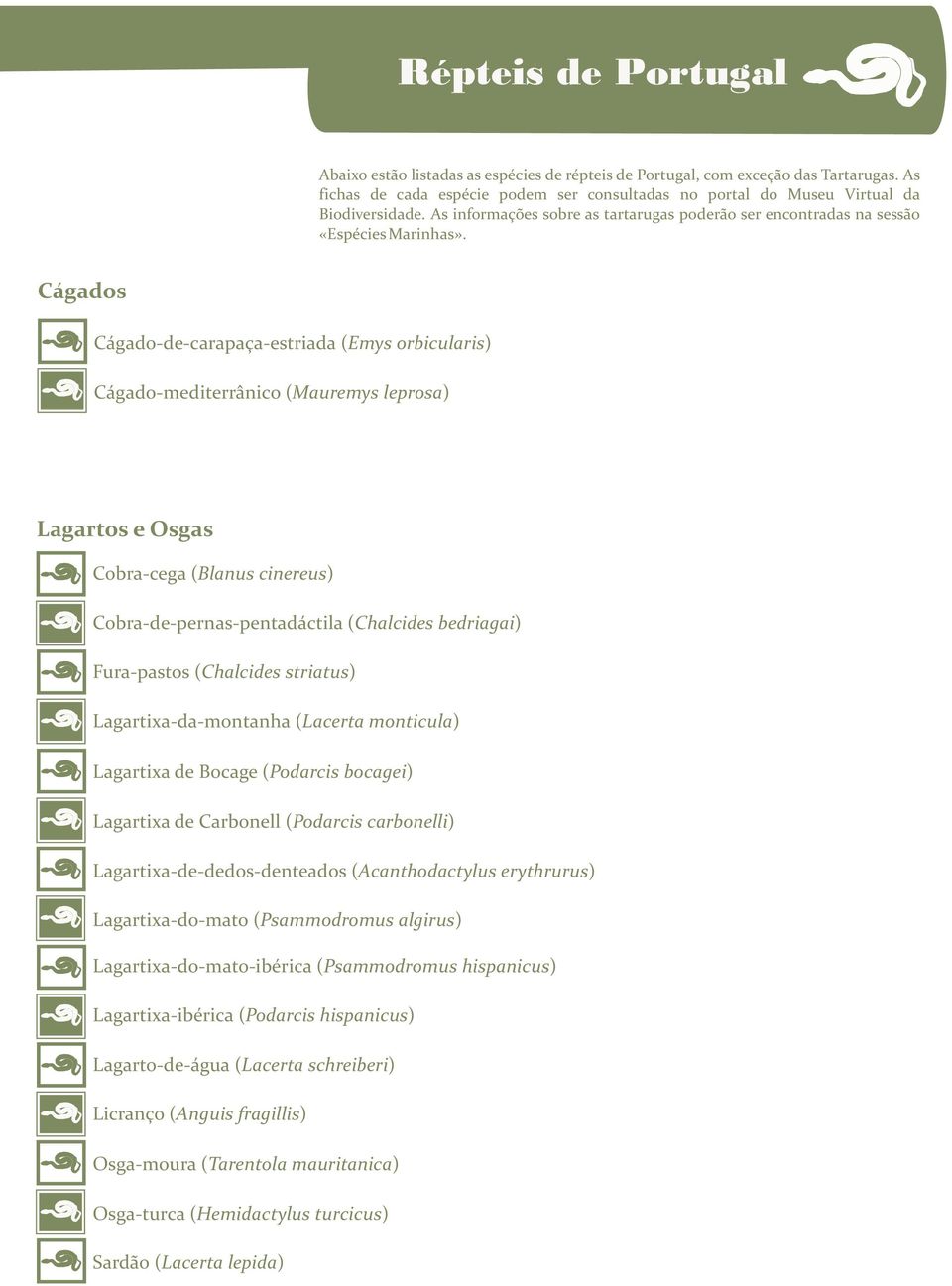 Cágados Cágado-de-carapaça-estriada (Emys orbicularis) Cágado-mediterrânico (Mauremys leprosa) Lagartos e Osgas Cobra-cega (Blanus cinereus) Cobra-de-pernas-pentadáctila (Chalcides bedriagai)