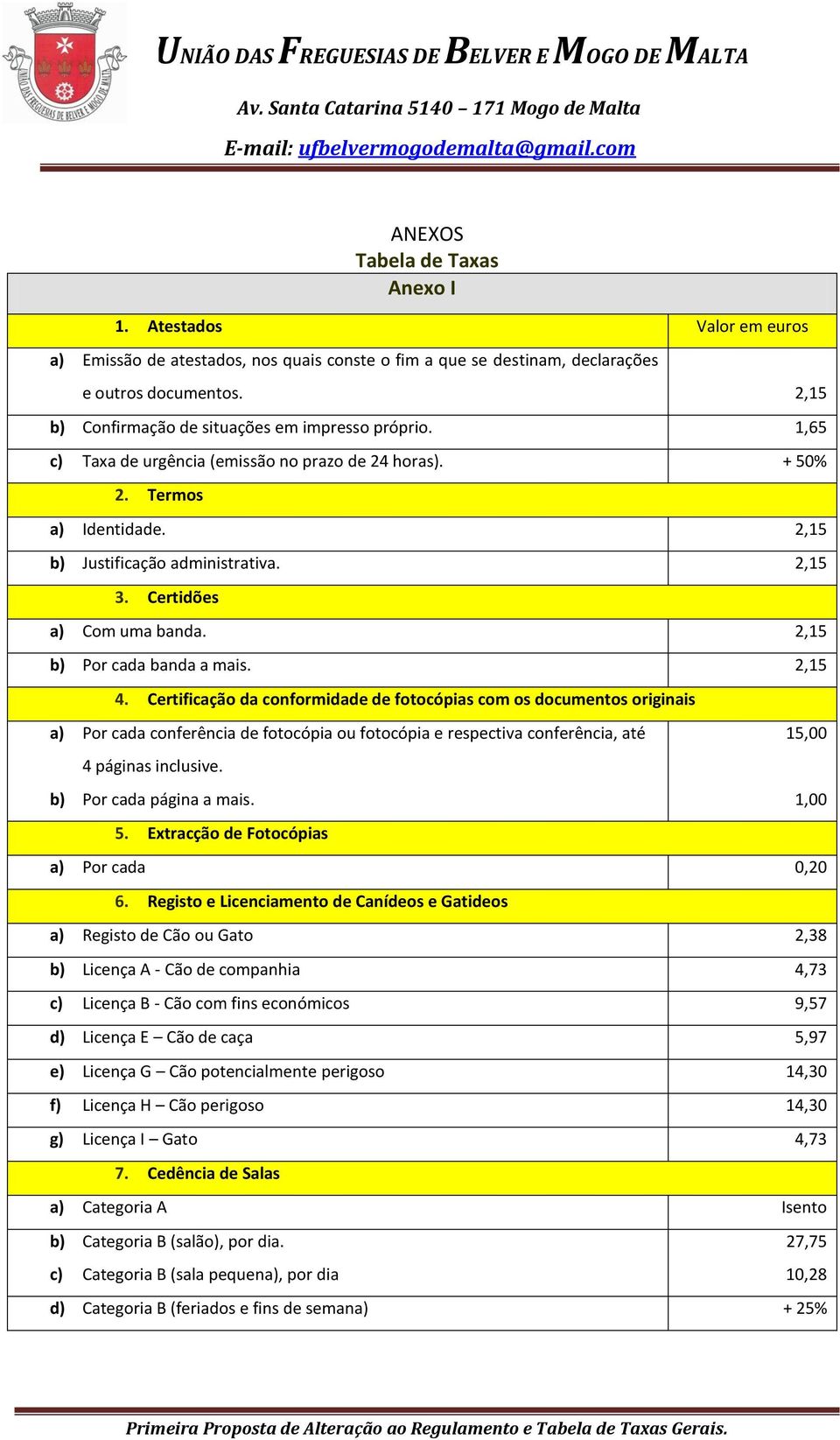 Certidões a) Com uma banda. 2,15 b) Por cada banda a mais. 2,15 4.