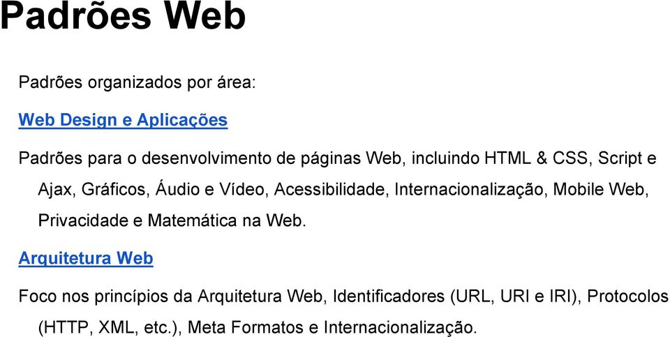 Internacionalização, Mobile Web, Privacidade e Matemática na Web.