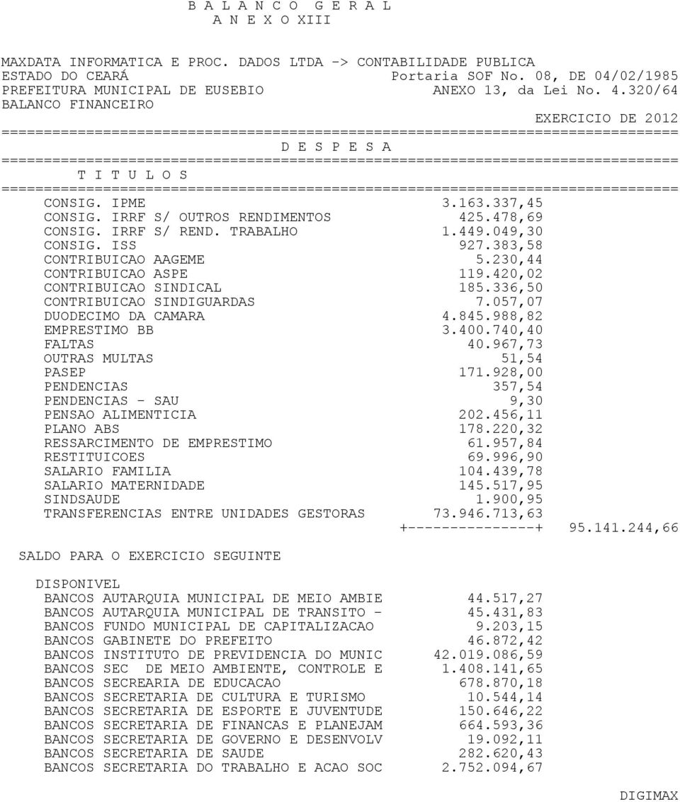 057,07 DUODECIMO DA CAMARA 4.845.988,82 EMPRESTIMO BB 3.400.740,40 FALTAS 40.967,73 OUTRAS MULTAS 51,54 PASEP 171.928,00 PENDENCIAS 357,54 PENDENCIAS - SAU 9,30 PENSAO ALIMENTICIA 202.