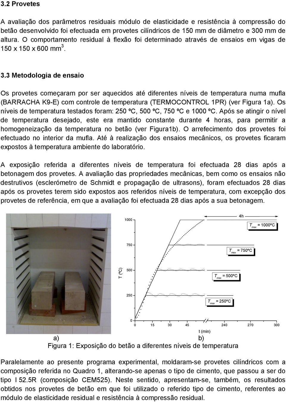 3.3 Metodologia de ensaio Os provetes começaram por ser aquecidos até diferentes níveis de temperatura numa mufla (BARRACHA K9-E) com controle de temperatura (TERMOCONTROL 1PR) (ver Figura 1a).