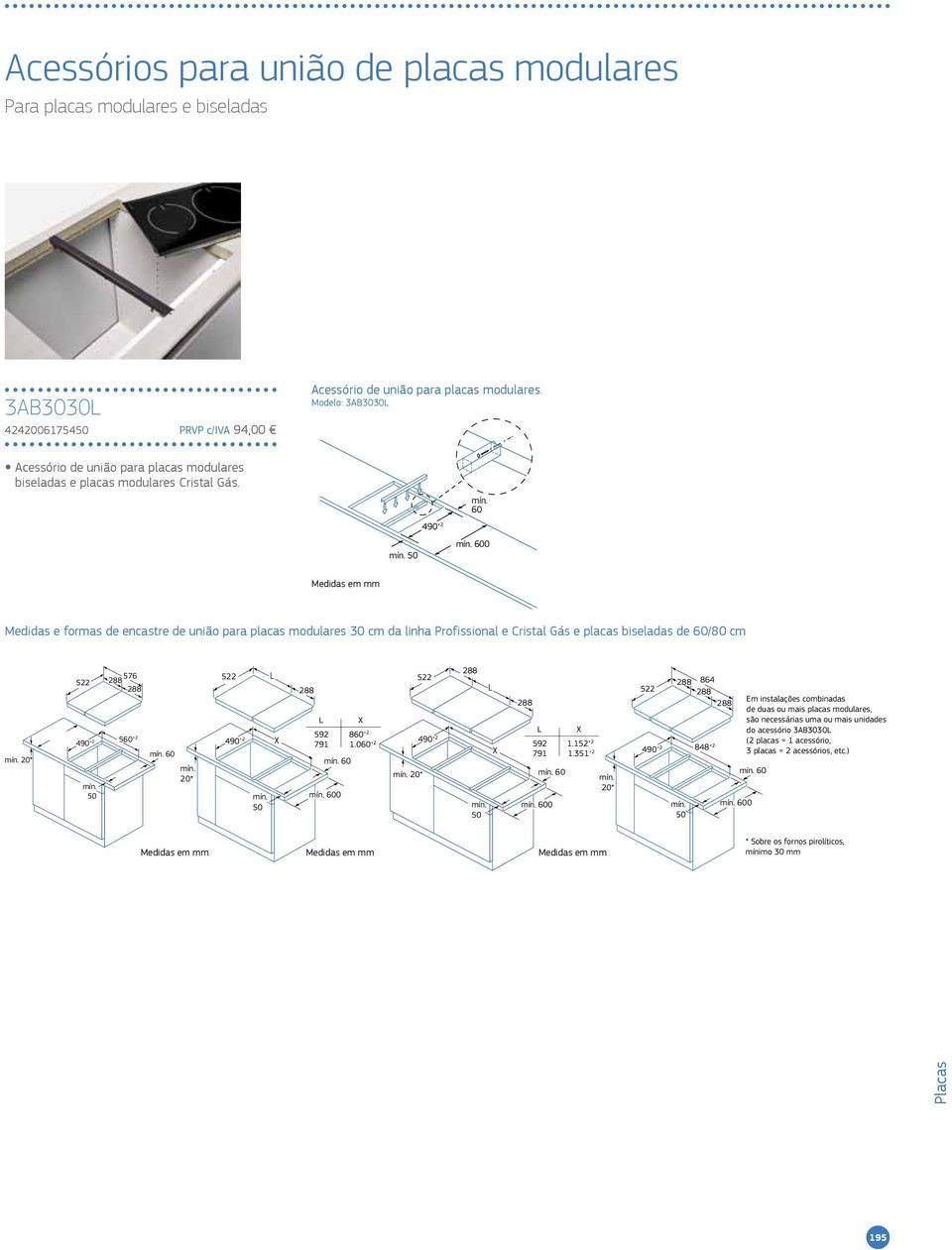 600 Medidas e formas de encastre de união para placas modulares 30 cm da linha Profissional e Cristal Gás e placas biseladas de 60/80 cm mín. 20* 522 mín. 50 576 288 288 560 +2 mín. 60 mín.