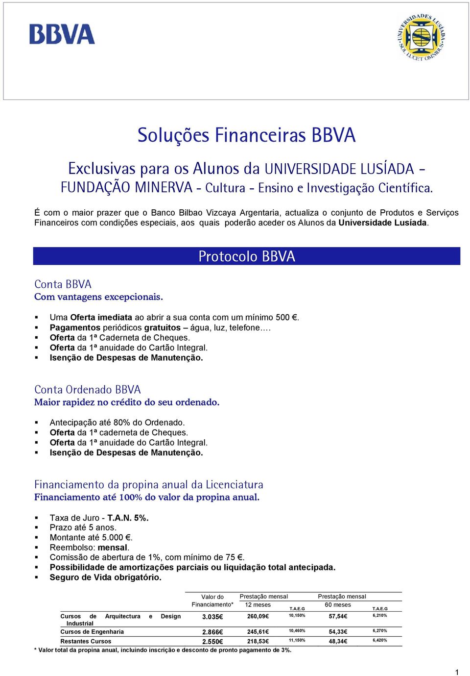 Conta BBVA Com vantagens excepcionais. Protocolo BBVA Uma Oferta imediata ao abrir a sua conta com um mínimo 500. Pagamentos periódicos gratuitos água, luz, telefone.