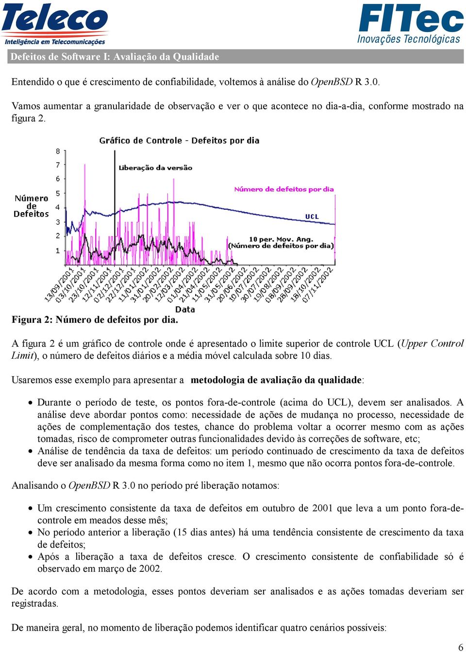 A figura 2 é um gráfico de controle onde é apresentado o limite superior de controle UCL (Upper Control Limit), o número de defeitos diários e a média móvel calculada sobre 10 dias.