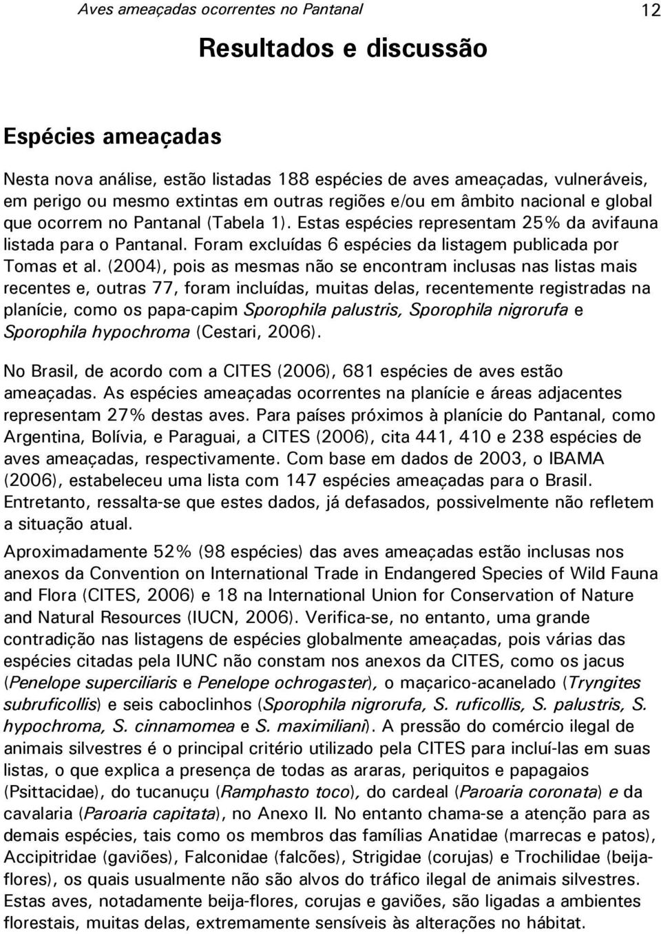 Foram excluídas 6 espécies da listagem publicada por Tomas et al.