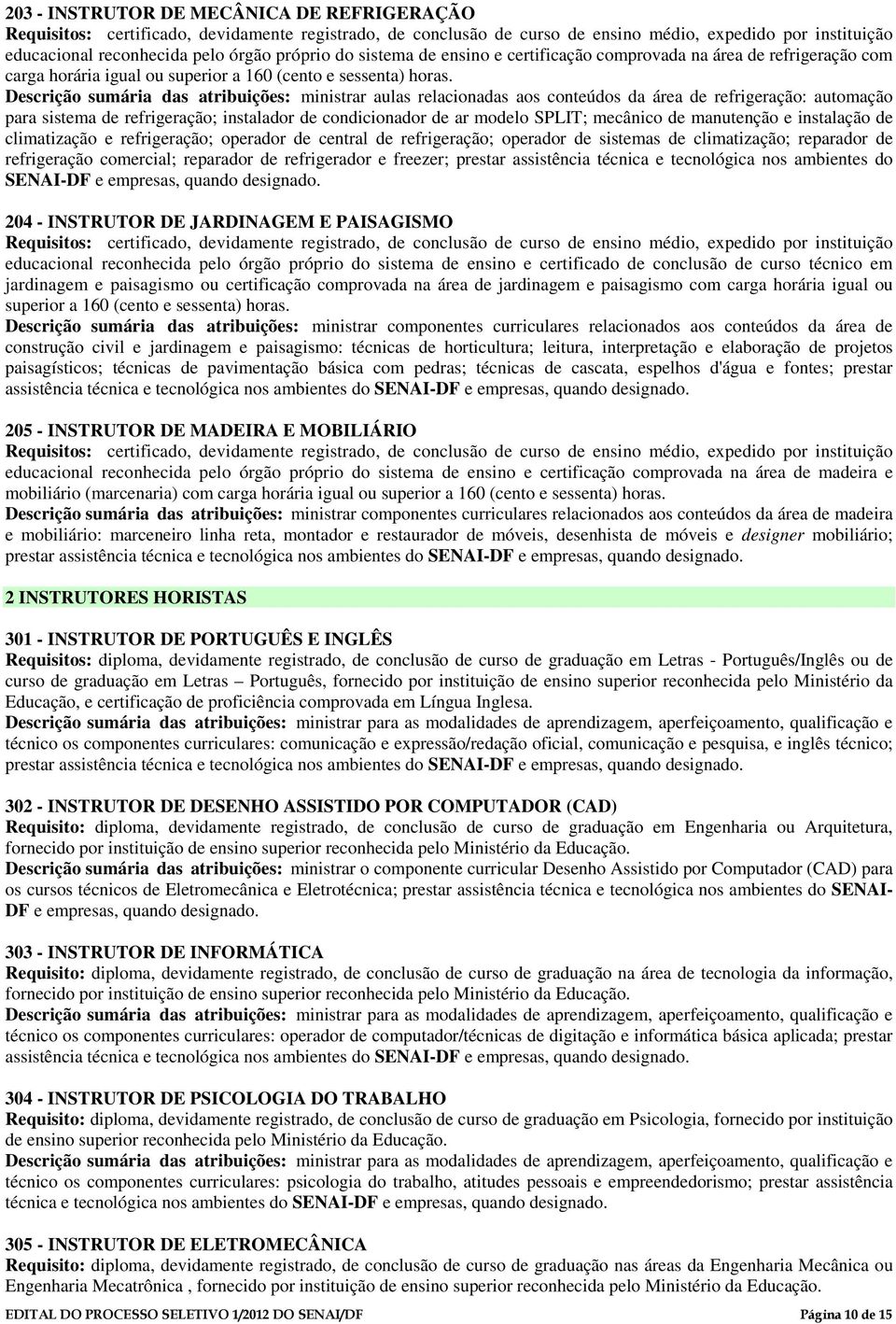 Descrição sumária das atribuições: ministrar aulas relacionadas aos conteúdos da área de refrigeração: automação para sistema de refrigeração; instalador de condicionador de ar modelo SPLIT; mecânico