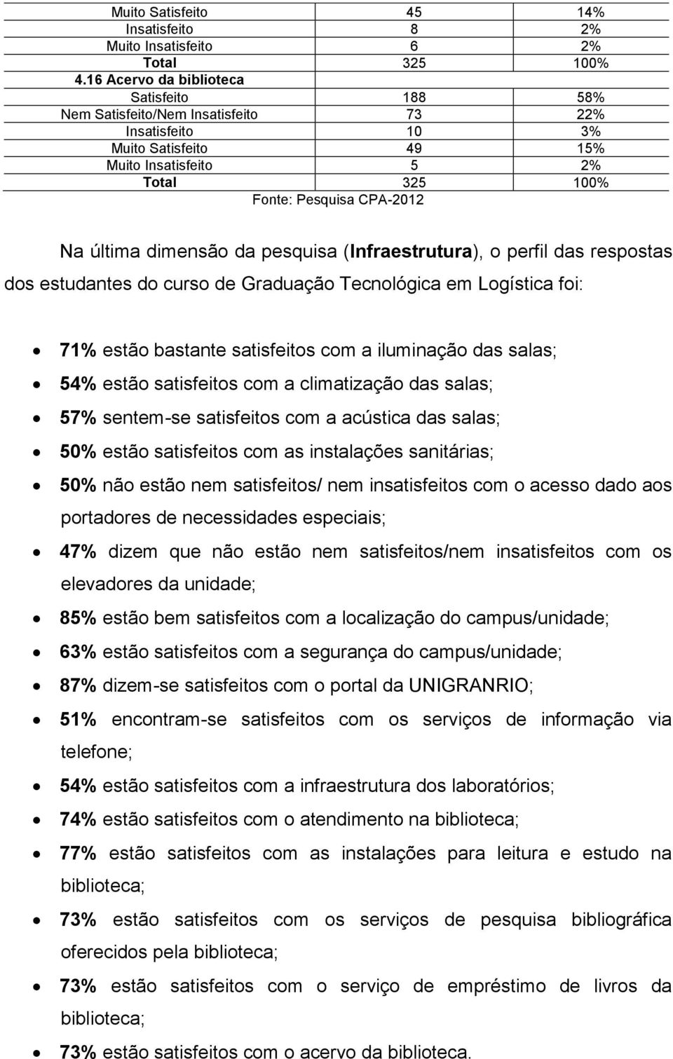 pesquisa (Infraestrutura), o perfil das respostas dos estudantes do curso de Graduação Tecnológica em Logística foi: 71% estão bastante satisfeitos com a iluminação das salas; 54% estão satisfeitos