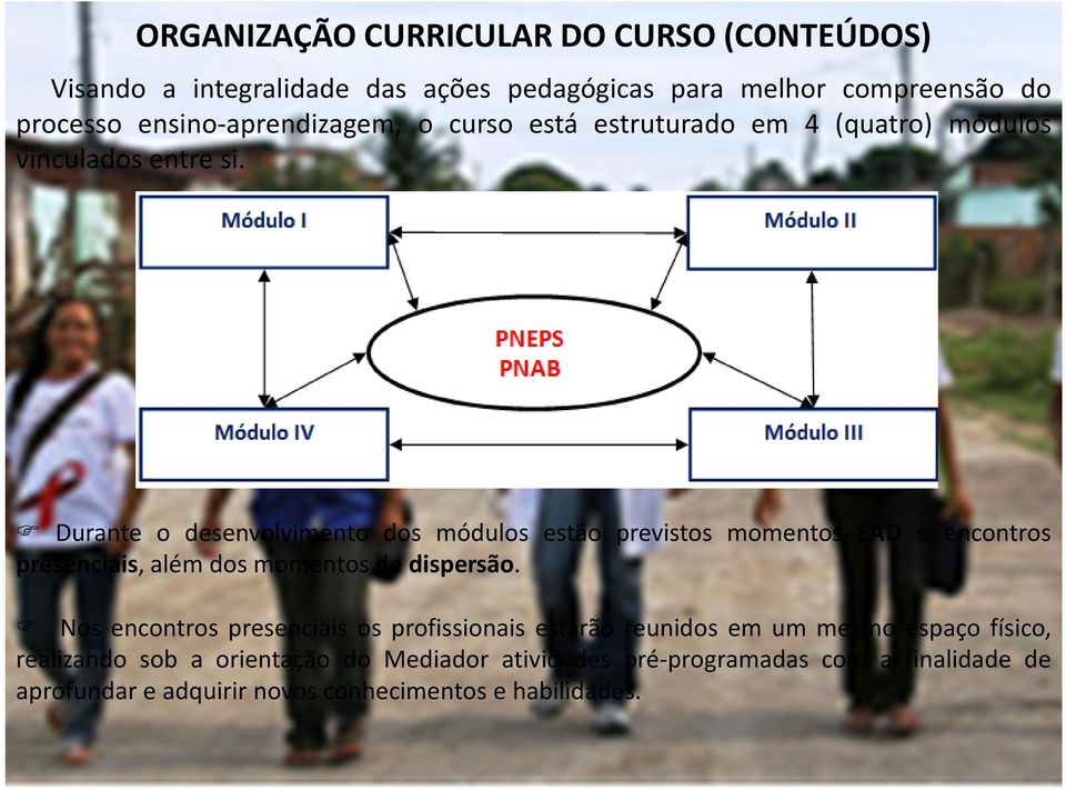 Durante o desenvolvimento dos módulos estão previstos momentos EAD e encontros presenciais, além dos momentos de dispersão.