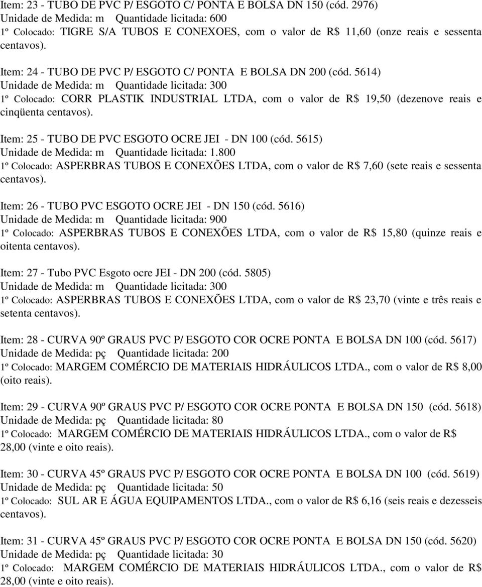 (cód. 5614) Unidade de Medida: m Quantidade licitada: 300 1º Colocado: CORR PLASTIK INDUSTRIAL LTDA, com o valor de R$ 19,50 (dezenove reais e cinqüenta Item: 25 - TUBO DE PVC ESGOTO OCRE JEI - DN