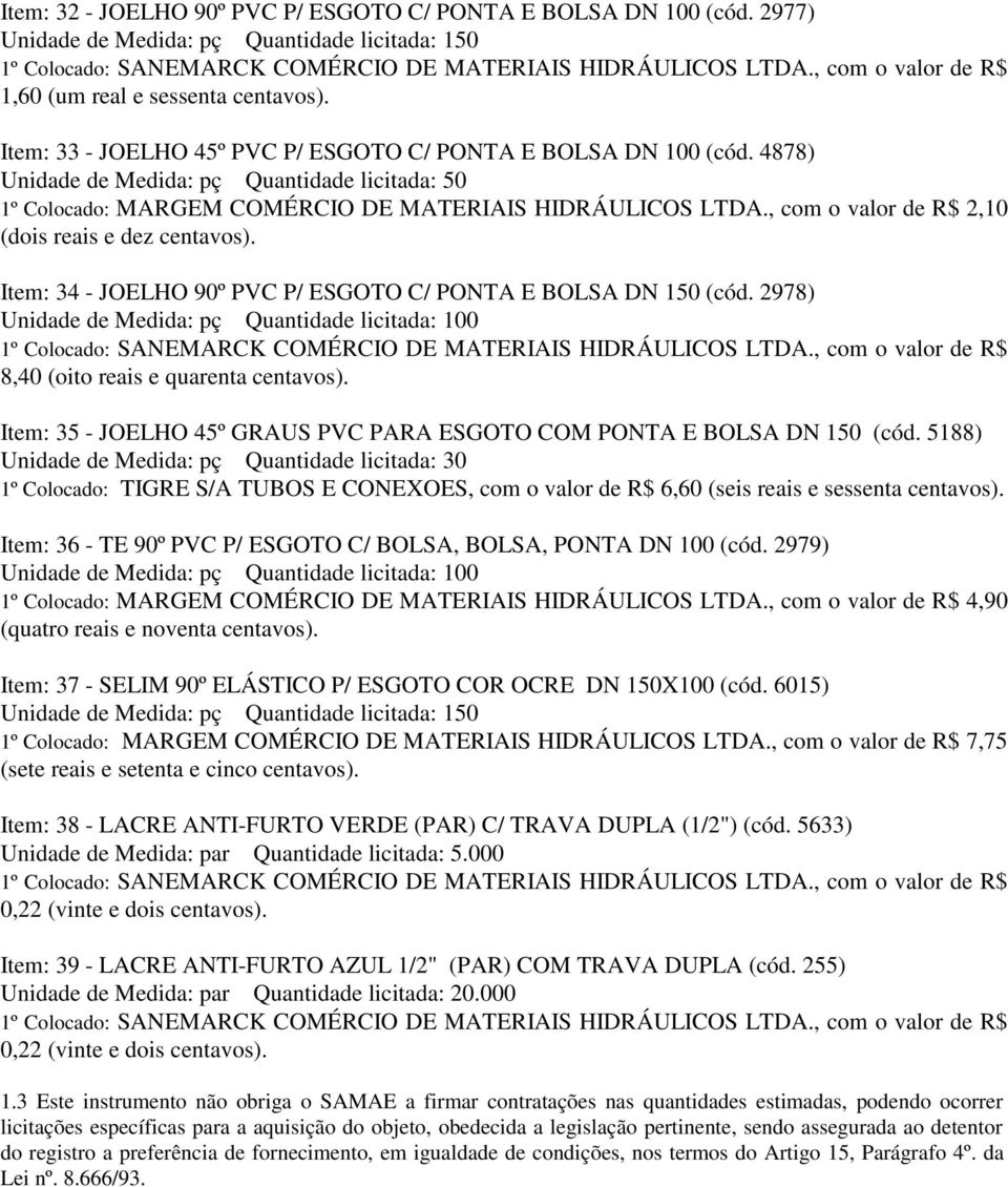 4878) Unidade de Medida: pç Quantidade licitada: 50 1º Colocado: MARGEM COMÉRCIO DE MATERIAIS HIDRÁULICOS LTDA.