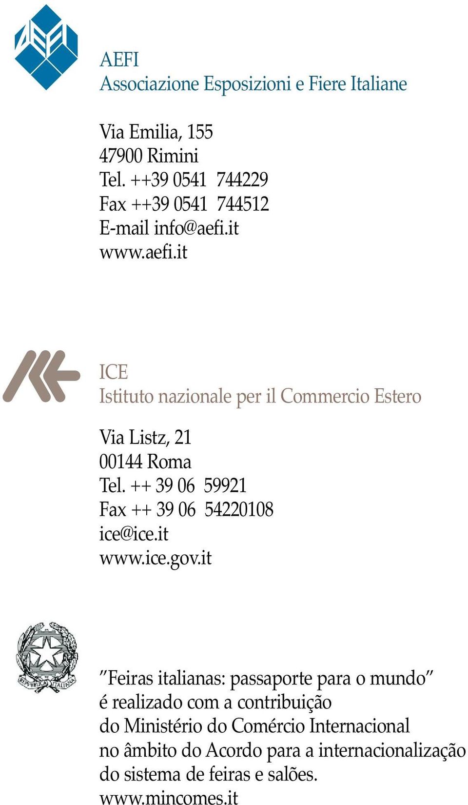 it www.aefi.it ICE Istituto nazionale per il Commercio Estero Via Listz, 21 00144 Roma Tel.