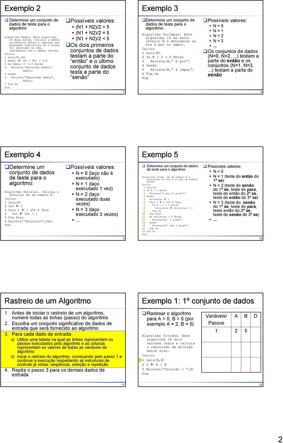 Então Escreva( provado méda, Meda) Senão Escreva( Reprovado méda, Meda) Se Possíves valores: ( + )/ > ( + )/ = ( + )/ < Os dos prmeros conjuntos de dados testam a parte do então e o últmo conjunto de