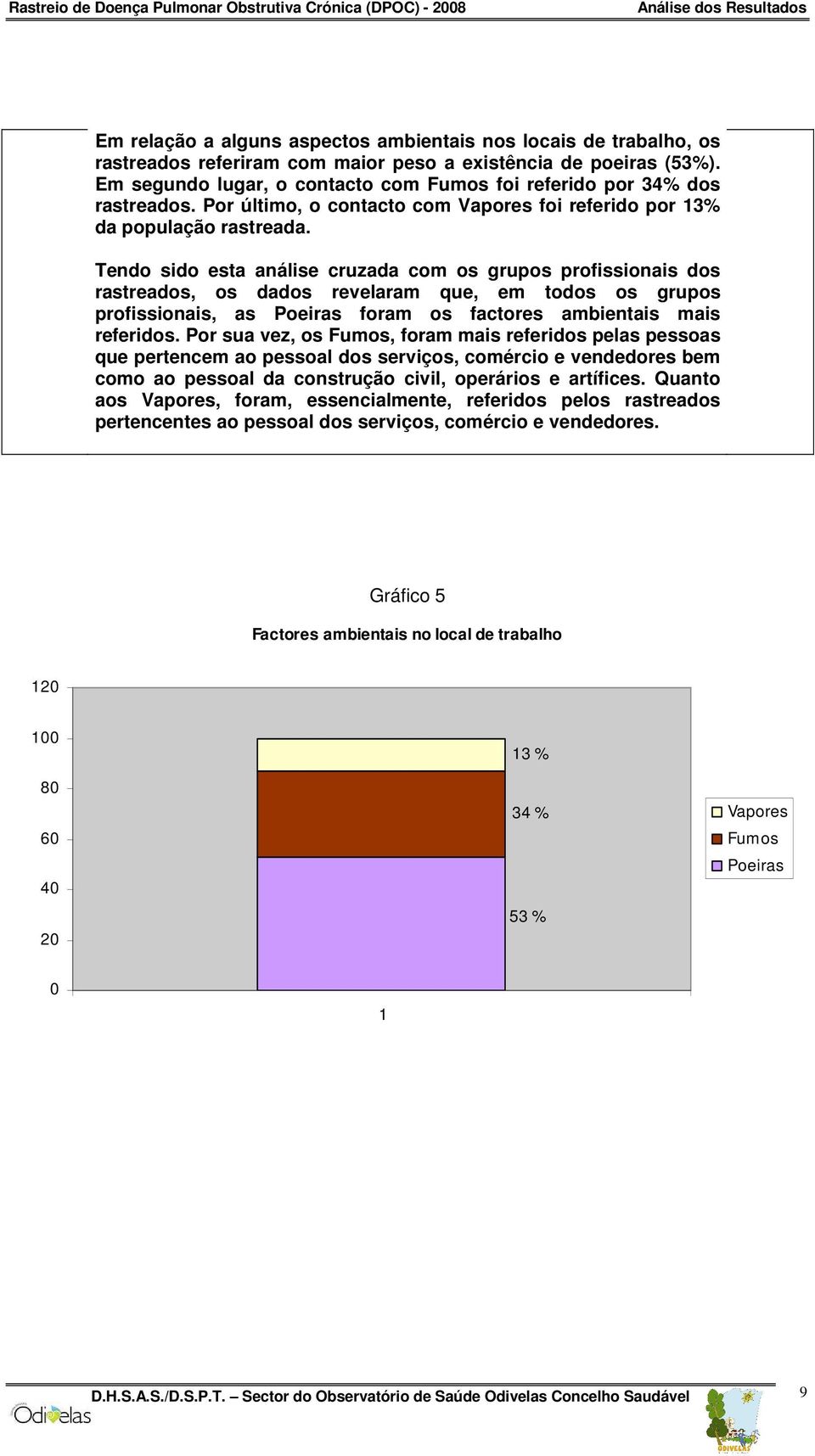 Tendo sido esta análise cruzada com os grupos profissionais dos rastreados, os dados revelaram que, em todos os grupos profissionais, as Poeiras foram os factores ambientais mais referidos.