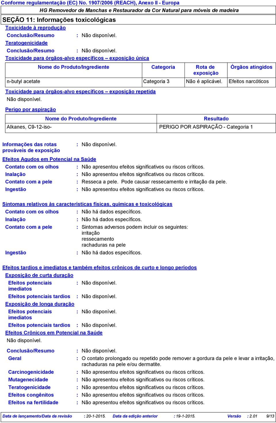 POR ASPIRAÇÃO - Categoria 1 Informações das rotas prováveis de exposição Efeitos Agudos em Potencial na Saúde Contato com os olhos Não apresentou efeitos significativos ou riscos críticos.