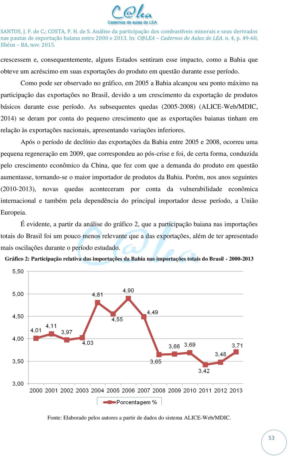 As subsequentes quedas (2005-2008) (ALICE-Web/MDIC, 2014) se deram por conta do pequeno crescimento que as exportações baianas tinham em relação às exportações nacionais, apresentando variações