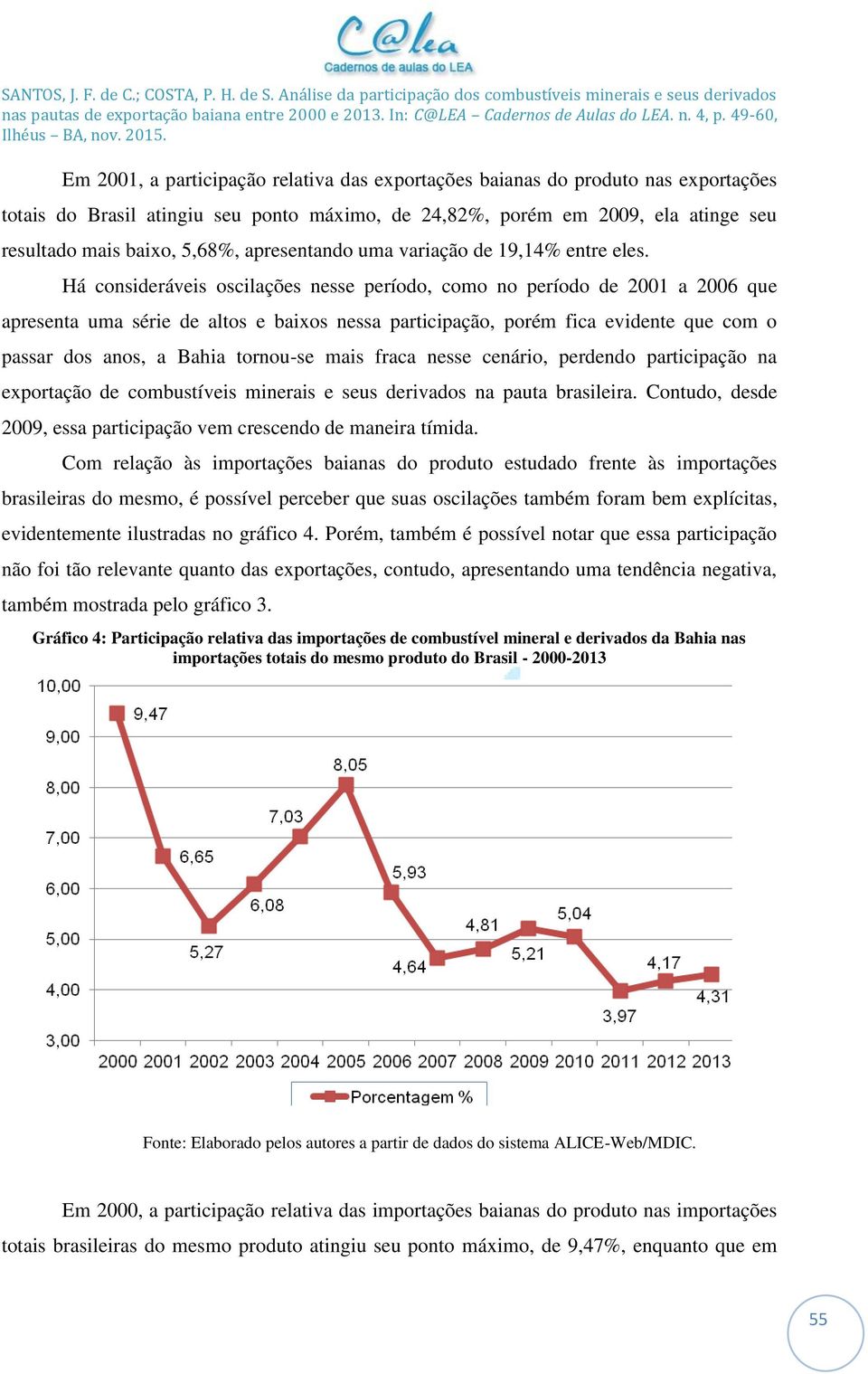 Há consideráveis oscilações nesse período, como no período de 2001 a 2006 que apresenta uma série de altos e baixos nessa participação, porém fica evidente que com o passar dos anos, a Bahia