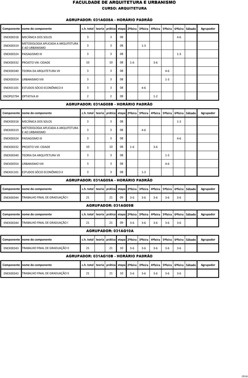 08 1-3 ENEX00319 METODOLOGIA APLICADA A ARQUITETURA E AO URBANISMO AGRUPADOR: 031AG08A - HORÁRIO PADRÃO AGRUPADOR: 031AG08B - HORÁRIO PADRÃO 3 3 08 4-6 ENEX00324 PAISAGISMO III 3 3 08 4-6 ENEX00332