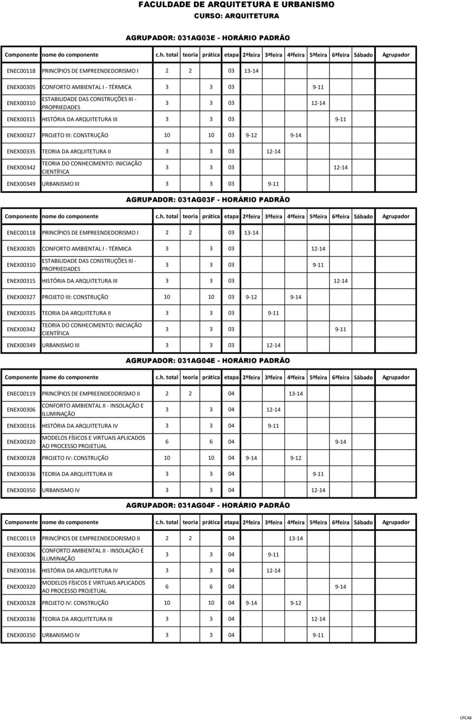 ENEX00349 URBANISMO III 3 3 03 9-11 ENEC00118 PRINCÍPIOS DE EMPREENDEDORISMO I 2 2 03 13-14 ENEX00305 CONFORTO AMBIENTAL I - TÉRMICA 3 3 03 12-14 ENEX00310 ESTABILIDADE DAS CONSTRUÇÕES III -