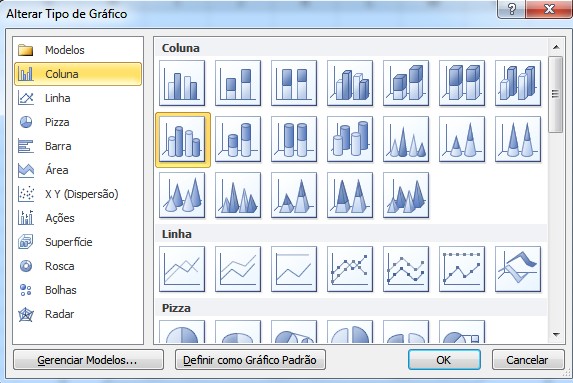 Grupo Tipo O botão Alterar Tipo de Gráfico abre a seguinte caixa de diálogo: Grupo Layout de Gráfico Grupo Dados Para escolher outro layout para o gráfico já inserido