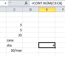 =cont.se(c3:c8;a2) Perceba que no exemplo queremos que o Excel conte o número de células que contenham o valor referido em C4 (condição), ou seja, o valor 5.