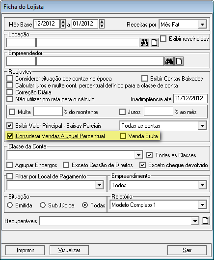 3- Com a opção Considerar Vendas Aluguel Percentual habilitada será exibida no relatório a venda utilizada no cálculo do aluguel percentual, seja ela a venda auditada ou informada (GIM).