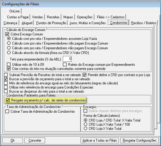 2. Resgate do orçamento para cálculo de rateio de condomínio Disponível na nova versão do sistema uma opção de configuração que permite que seja feito o resgate do valor do orçamento realizado para