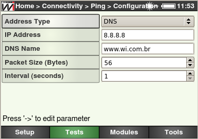 Figura 4.15: Tela de ping Para iniciar o teste pressione a tecla (PING). Pacotes de PING serão enviados continuamente para o endereço configurado anteriormente.