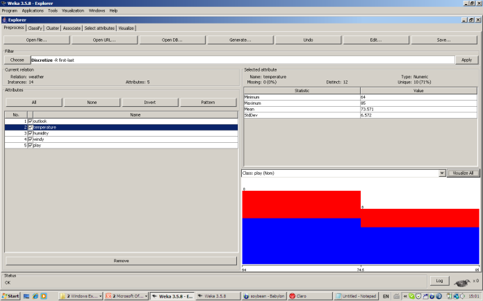 Explorer: Pre-processing Importação dos dados em vários formatos: ARFF, CSV, C4.