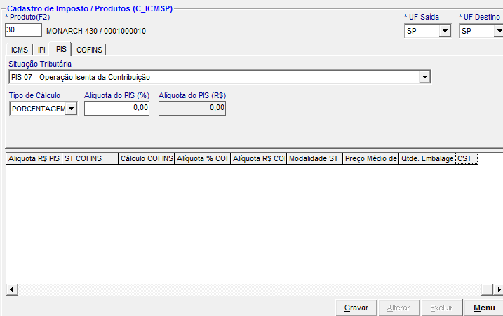 Configurar Impostos dos Produtos PIS Clique sobre a aba PIS ; Obs.