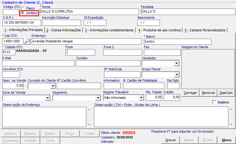 Informar Regime Tributário do Cliente 1.