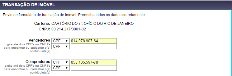 A primeira etapa do cadastro é o Cartório informar o CPF/CNPJ do Vendedor e do Comprador.