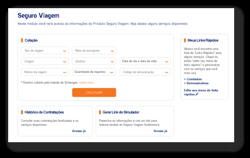 Logo em seguida, a tela de ação do simulador será iniciada e será possível realizar a cotação com o preenchimento dos campos sobre o destino e período da viagem: Para realizar a cotação, será