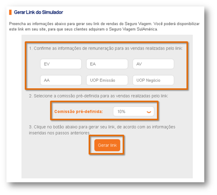 O gerador de link trará os seguintes campos para preenchimento do corretor: EV (estrutura de venda), EA (estrutura de apoio), AV (ação de vendas), AA (ação de apoio), UOP Emissão e