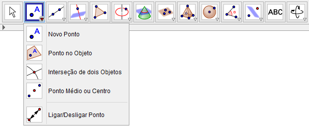 2. Pontos Figura 2.10: Ferramentas para desenhar os pontos 2.1 Novo Ponto Clicando numa área livre da folha gráfica 3D cria-se um novo ponto (x, y, 0) com x, y R.