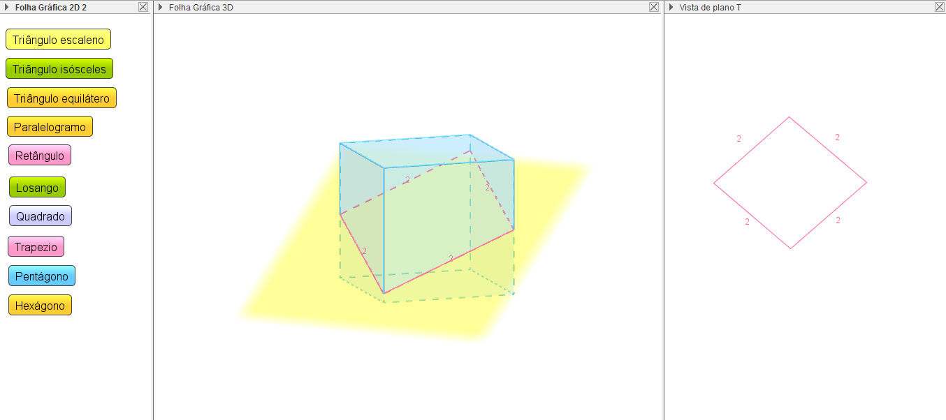 Temos quatro modelos de polígono como resultado da interseção do cubo e um plano, o lado máximo são seis e o lado mínimo são três.