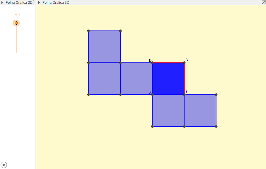 Figura 3.21: Cubo 2. Criamos um seletor 0 s 1 para representar o progresso do desdobramento da planificação. 3. Introduzimos na barra de entrada da folha gráfica 3D o comando Planificação[a,s,faceABCD,arestaBC,arestaCD,arestaCG,arestaDH] Figura 3.