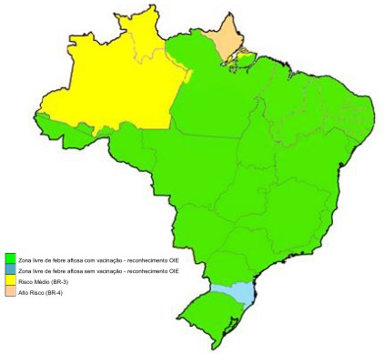 Zona livre de febre aftosa sem vacinação (Santa Catarina) Zona livre de febre aftosa com vacinação Zona tampão e de alta vigilância Zona não livre Estratégia (10) Classificação de risco Estratégia