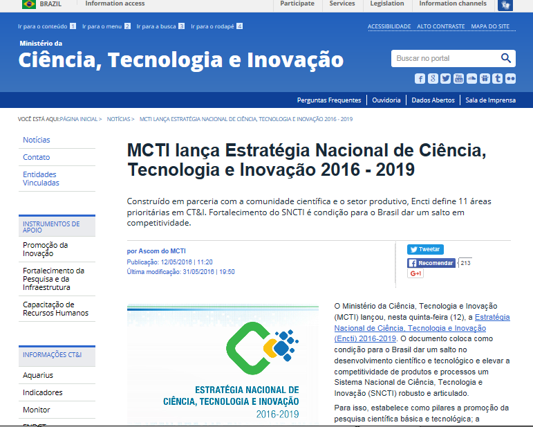 MCTI lança Estratégia Nacional de Ciência, Tecnologia e Inovação 2016-2019 http://www.mcti.gov.