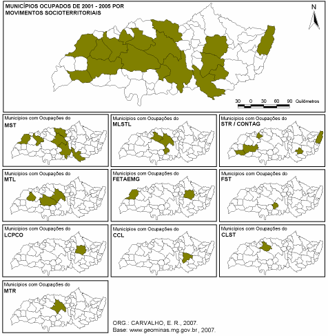 TRIÂNGULO MINEIRO/ALTO PARANAÍBA: DISTRIBUIÇÃO DAS OCUPAÇÕES DE TERRAS DE 2001-2005 POR MOVIMENTOS SOCIOTERRITORIAIS Fonte: Projeto