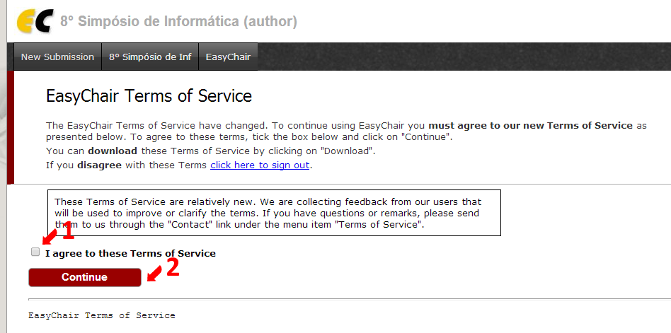 Figura 9 - Termos de Serviço do EasyChair Na página que aparece clique novamente na opção New Submission.