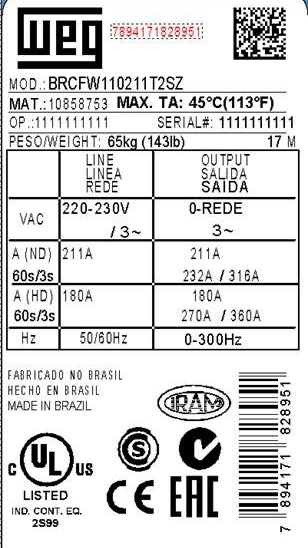 4 ETIQUETAS DE IDENTIFICAÇÃO DO CFW-11 Existem duas etiquetas de identificação no CFW-11: uma completa, localizada na lateral do inversor e outra resumida, sob a HMI.