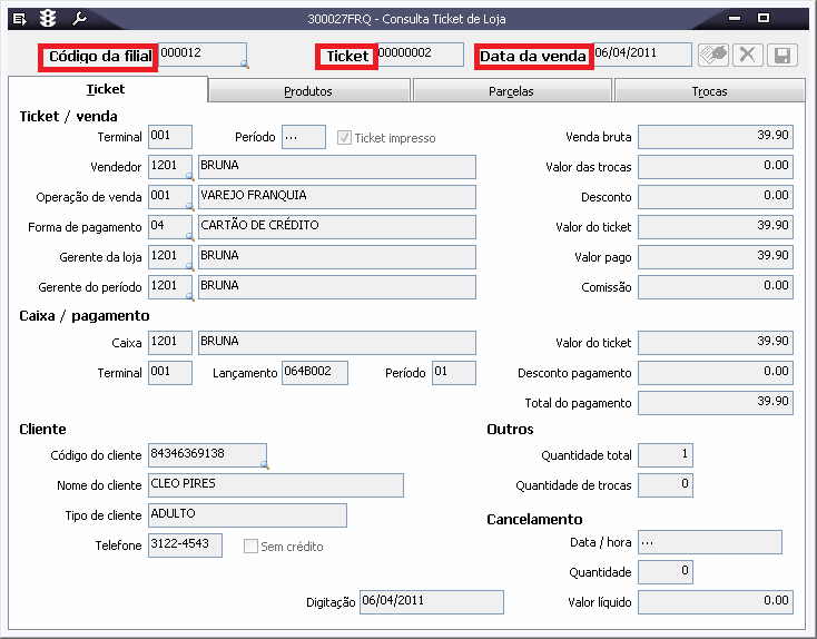 Para realizar a consulta de Ticket de Loja acesse Vendas Varejo, sub-menu Vendas por Loja, e a seguir a tela 300027 Consulta Ticket de Loja.